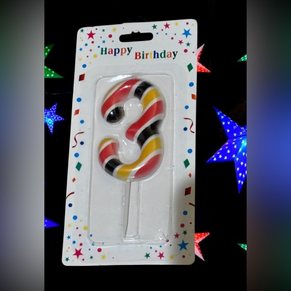 Striped Number 3 Birthday Party Candle Cake Topper - Red, Yellow, and Black - Picture 11 of 11
